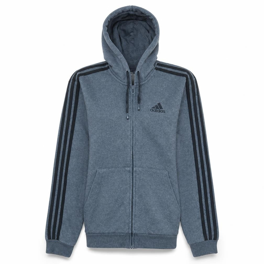 Front view of Adidas Men Grey Full Zip Hoodie, size S, Regular Fit Sports Fleece