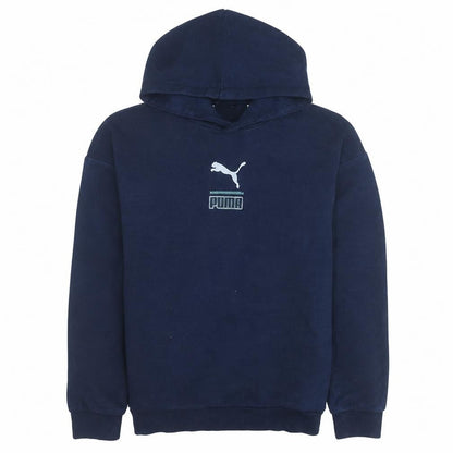 Front view of Puma boys’ blue pullover hoodie 13-14 years fleece sports logo sweatshirt