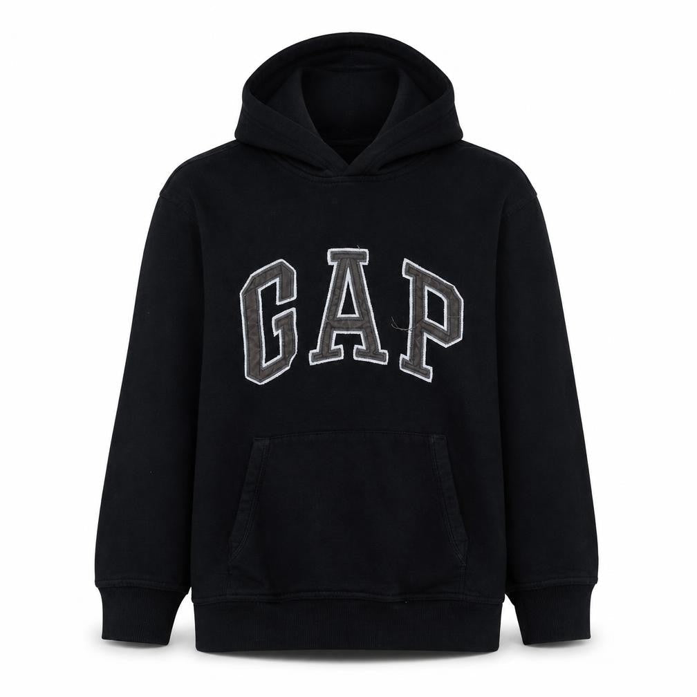 Front view of Gap Kids girls’ black xl 12 years pullover hoodie with logo embroidery
