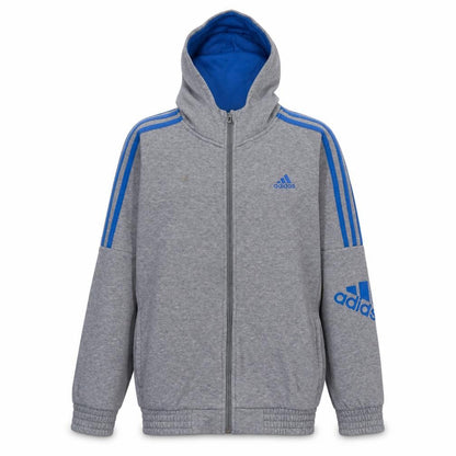Front view of Adidas boys’ grey blue full zip hoodie 13-14 years classic sportswear