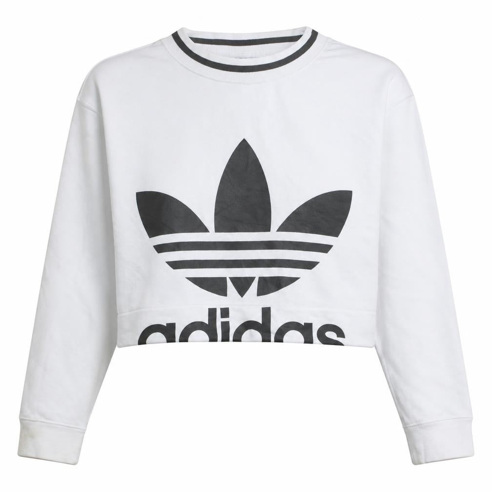 Front view of Adidas Women White Crop Sweatshirt UK 10 Crew Neck Long Sleeve Logo