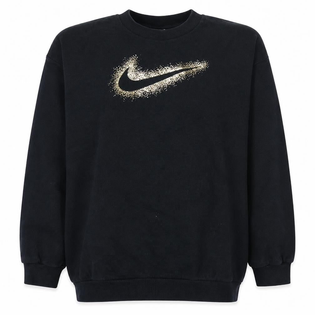 Front view of Nike girls’ black gold logo xl sweatshirt crew neck pullover