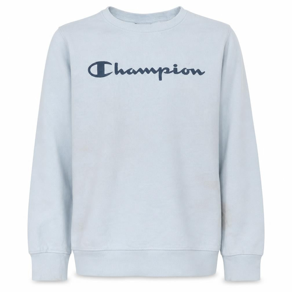 Front view of Champion boys’ light blue crew neck logo sweatshirt, size 11-12, years