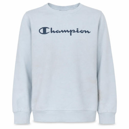 Front view of Champion boys’ light blue crew neck logo sweatshirt, size 11-12, years
