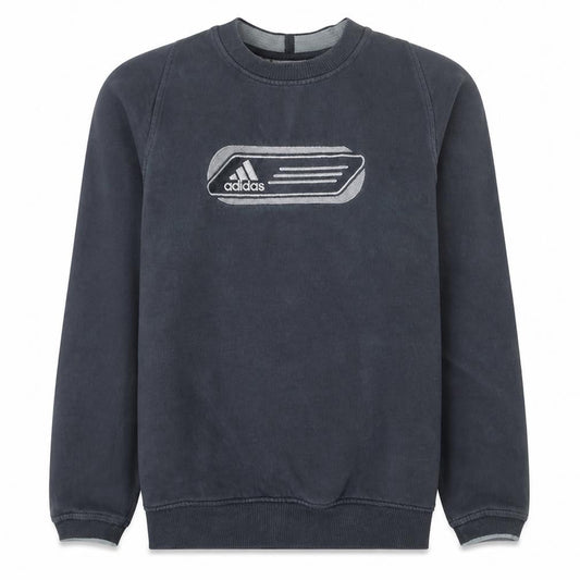 Front view of Adidas boys’ blue crew neck sweatshirt, size 14, years logo fleece pullover