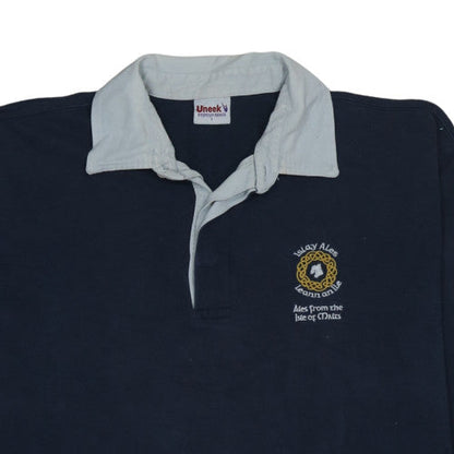 Uneek Men's Blue Rugby Polo Shirt L Embroidered Logo Cotton