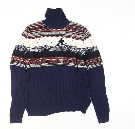 ASOS Men’s Blue Fair Isle Roll Neck 2XL Winter Knit Jumper