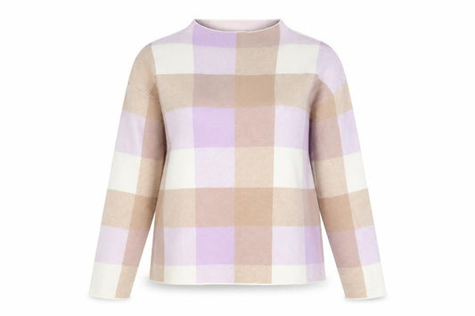Tahari Women's Beige & Lilac Checked Mock Neck Knit Jumper Size M