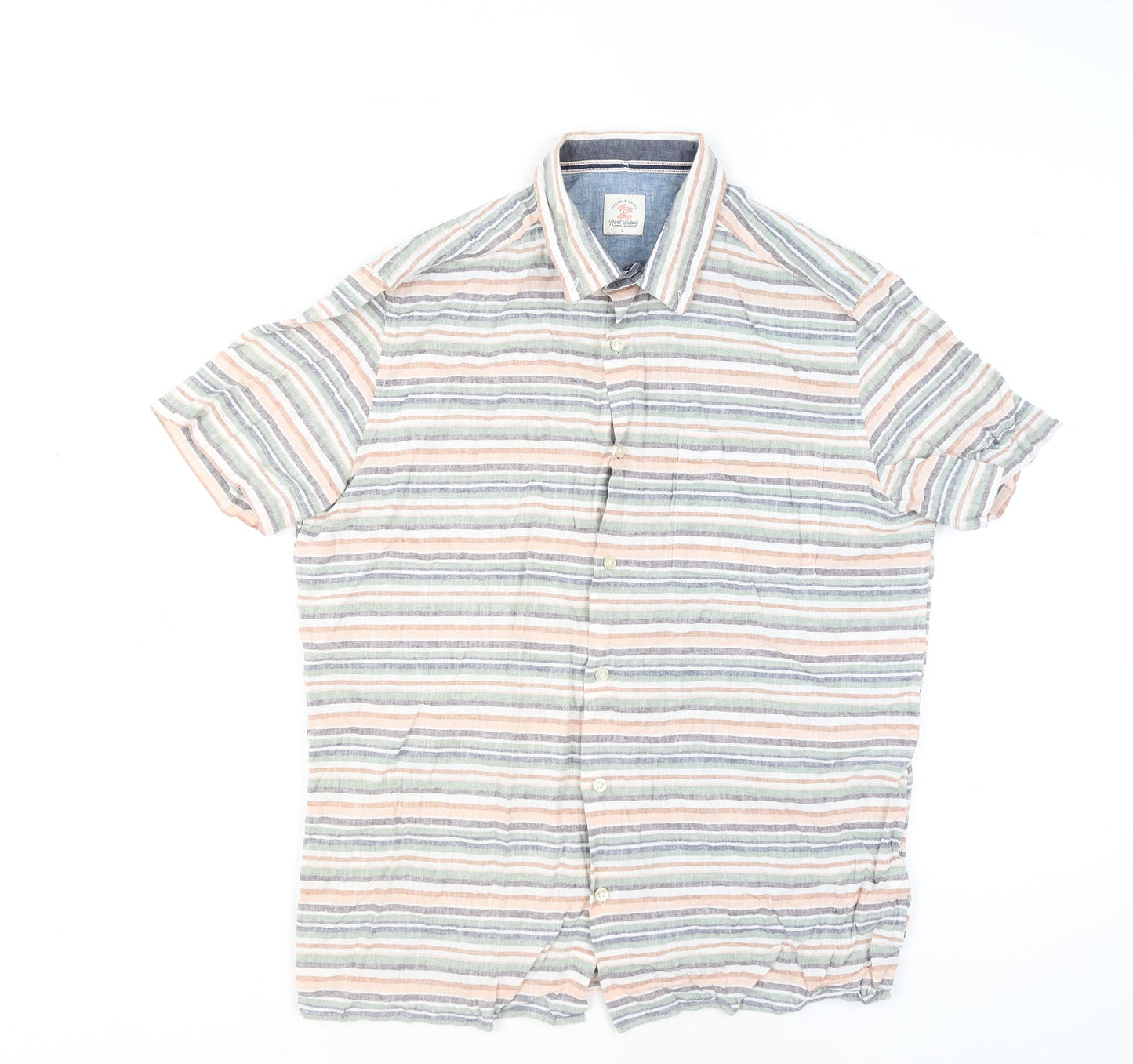 Next Men's Multicoloured Striped Linen Cotton Short Sleeve Shirt L