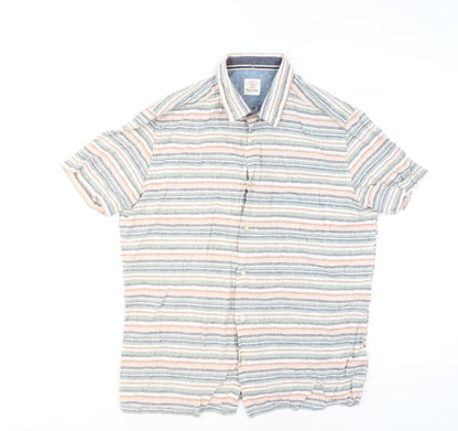 Next Men's Multicoloured Striped Linen Cotton Short Sleeve Shirt L
