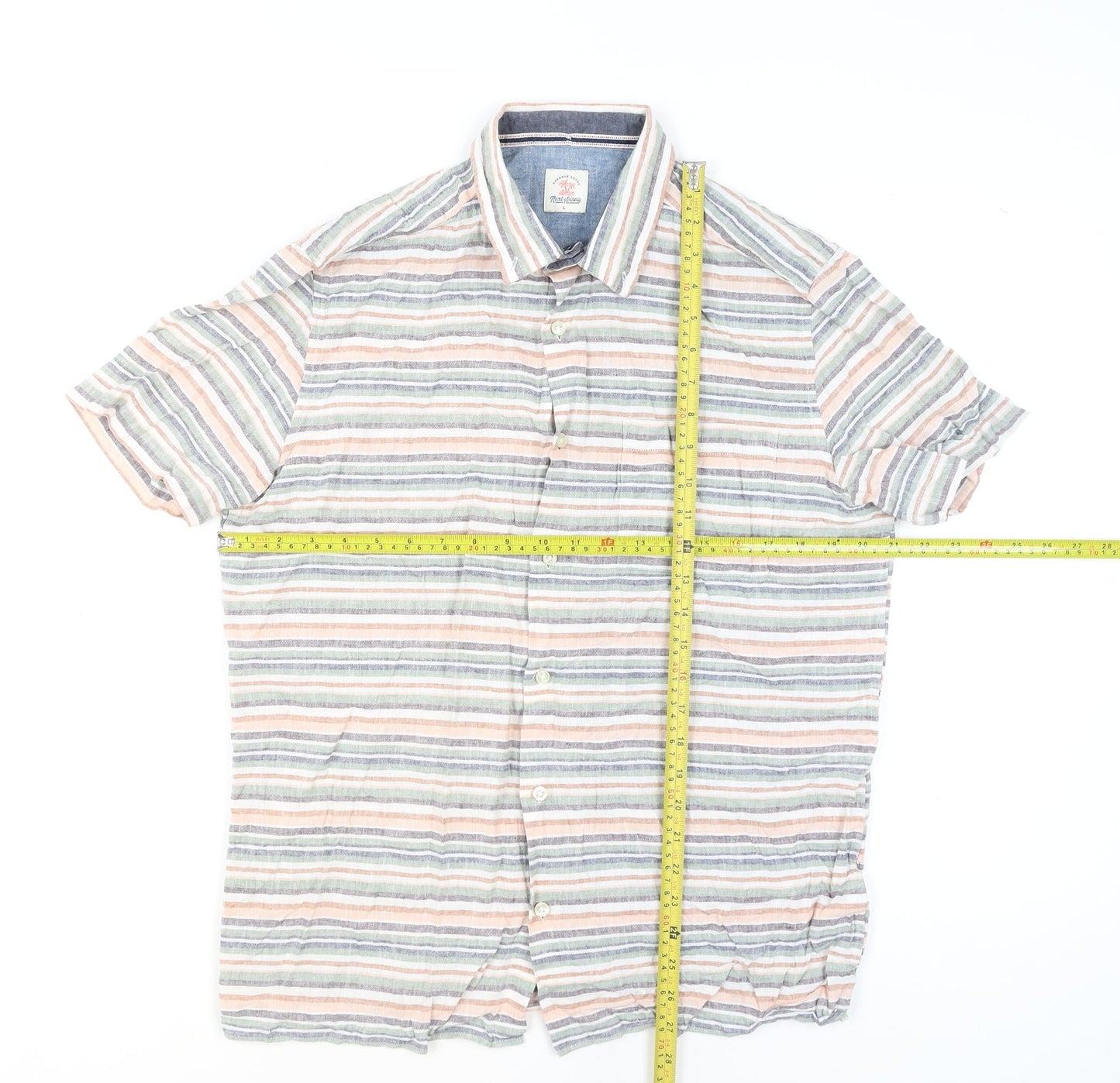 Next Men's Multicoloured Striped Linen Cotton Short Sleeve Shirt L