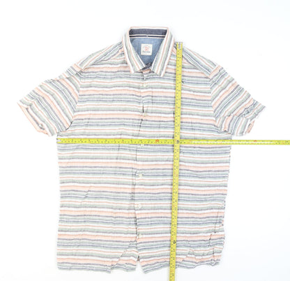 Next Men's Multicoloured Striped Linen Cotton Short Sleeve Shirt L