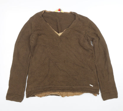 Oltre Colline Women's Brown V-Neck Cotton Knit Jumper Size 14