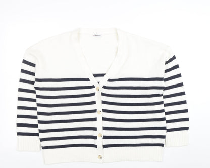 Damart Womens White Striped Cotton Blend V-Neck Cardigan Size 22