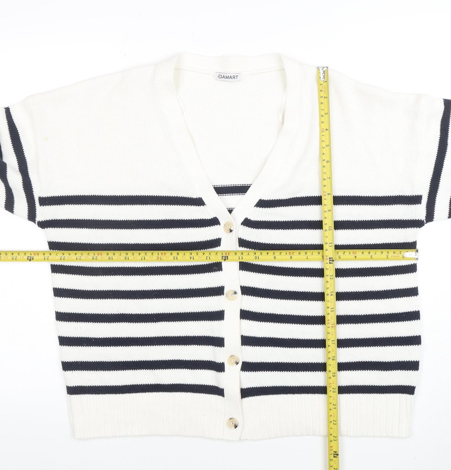 Damart Womens White Striped Cotton Blend V-Neck Cardigan Size 22