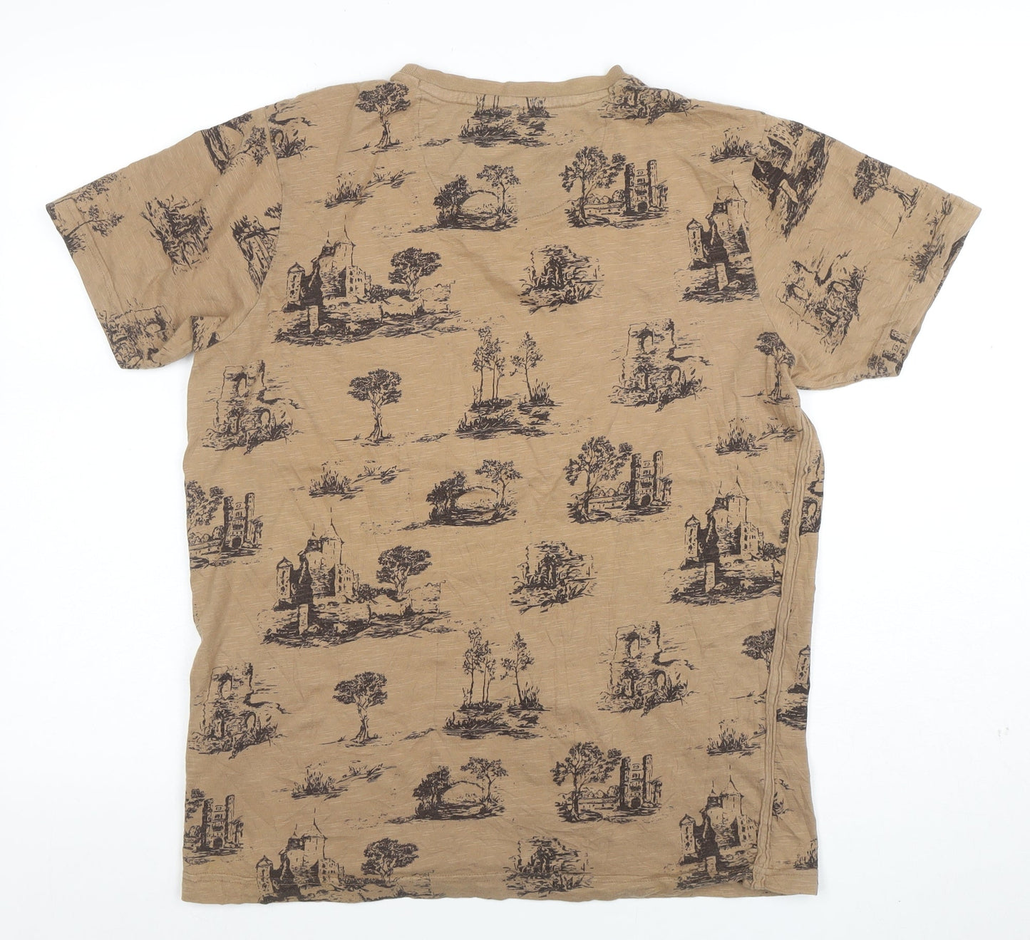 Basics Co Men's Beige Graphic Print Muscle Fit T-Shirt Size M