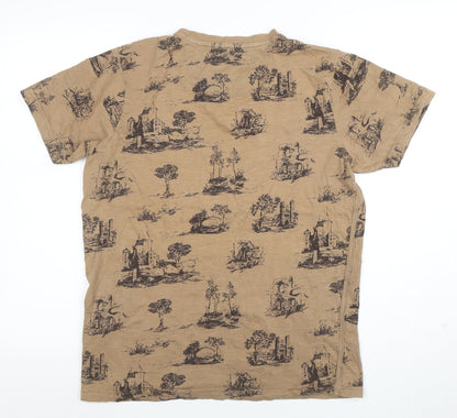 Basics Co Men's Beige Graphic Print Muscle Fit T-Shirt Size M