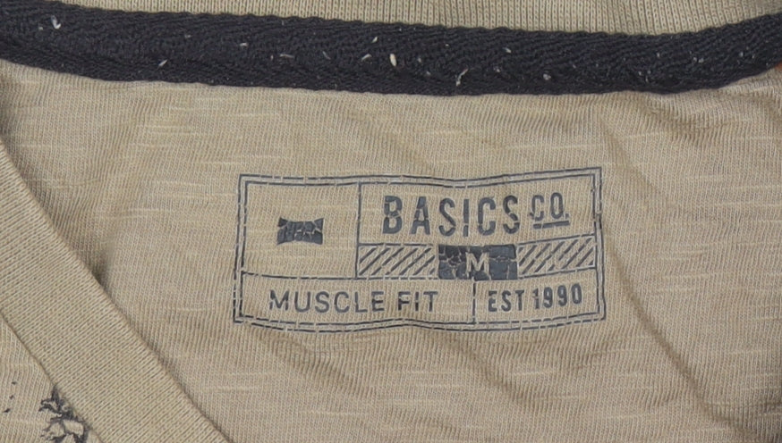 Basics Co Men's Beige Graphic Print Muscle Fit T-Shirt Size M