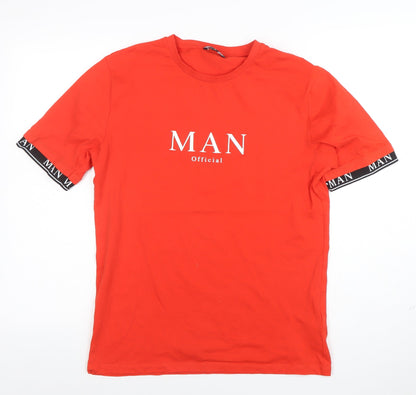 BoohooMAN Men's Red Crew Neck Short Sleeve Logo T-Shirt Size S