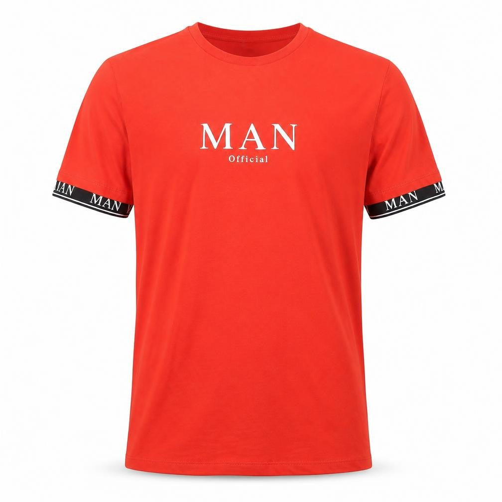 Front view of boohooMAN Men's Red Crew Neck Short Sleeve Logo T-Shirt, size S