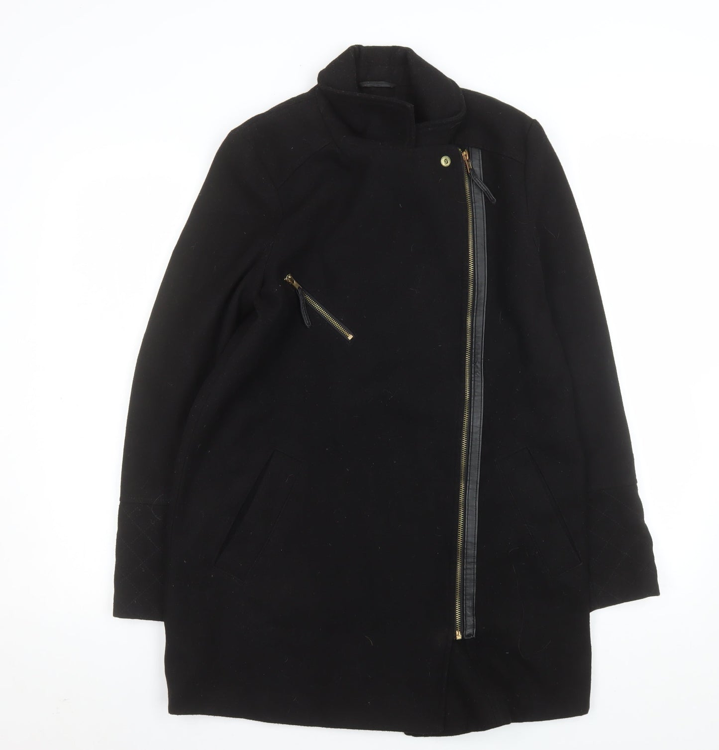 Dorothy Perkins Women’s Black Wool Biker Coat Size 12 Mid-Length Zip