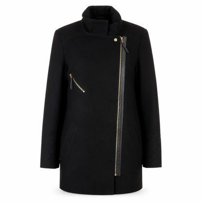 Dorothy Perkins Women’s Black Wool Biker Coat Size 12 Mid-Length Zip