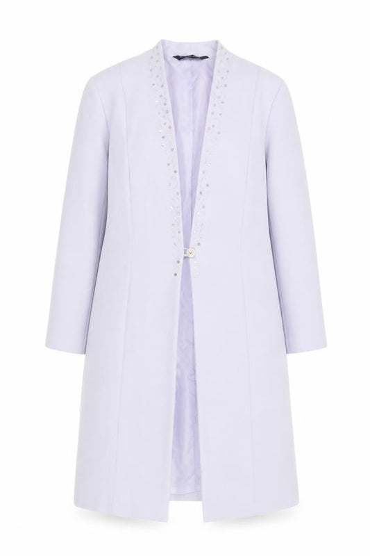 Front view of Fashion Extra Women's Purple Beaded Long Overcoat UK 18