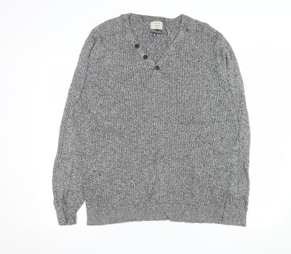 George Men’s Grey Cotton Chunky Knit V-Neck Button Pullover Jumper Medium