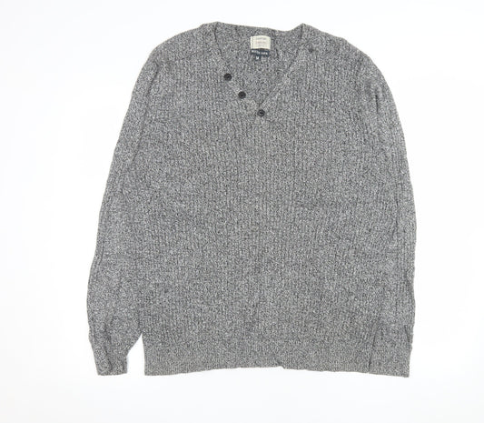 George Men’s Grey Cotton Chunky Knit V-Neck Button Pullover Jumper Medium