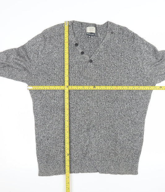 George Men’s Grey Cotton Chunky Knit V-Neck Button Pullover Jumper Medium