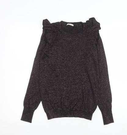 Tu Woman Black Glitter Ruffle Long Sleeve Knitted Blouse Size 8