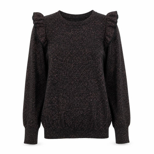 Front view of Tu Woman Black Glitter Ruffle Long Sleeve Knitted Blouse, size 8