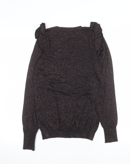 Tu Woman Black Glitter Ruffle Long Sleeve Knitted Blouse Size 8