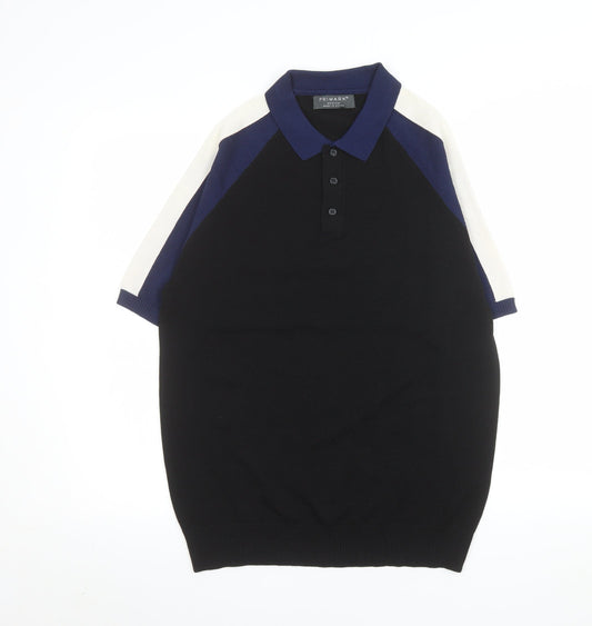 Primark Men's Black Colourblock Knit Polo Shirt Size M