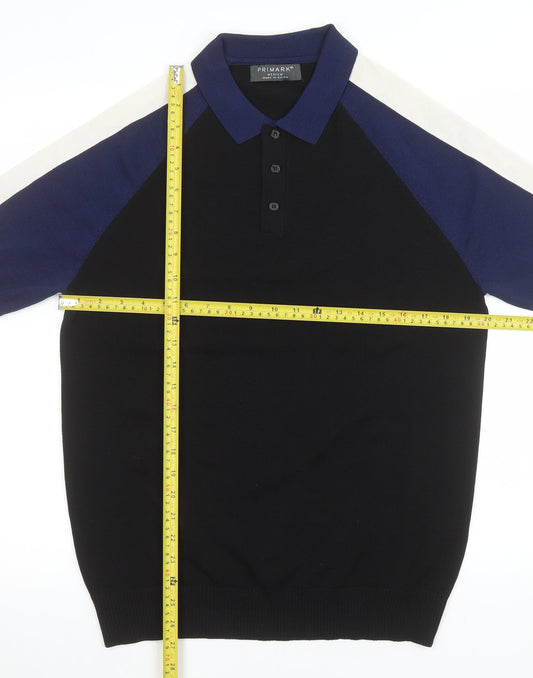 Primark Men's Black Colourblock Knit Polo Shirt Size M