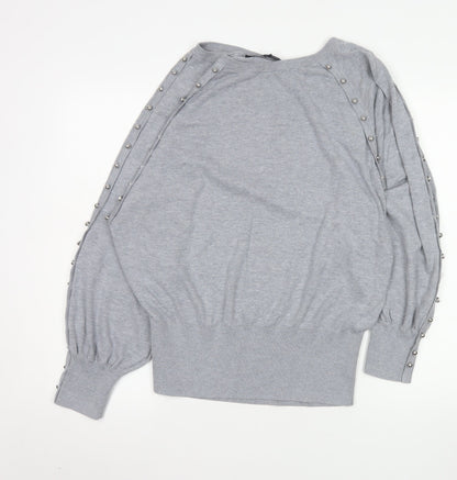 French Connection Women's Grey Studded Boat Neck Jumper XL