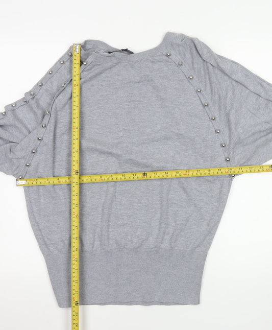 French Connection Women's Grey Studded Boat Neck Jumper XL