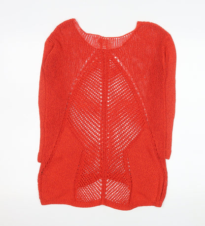 Next Women Red Open-Knit 3/4 Sleeve Scoop Pullover Jumper Size 8