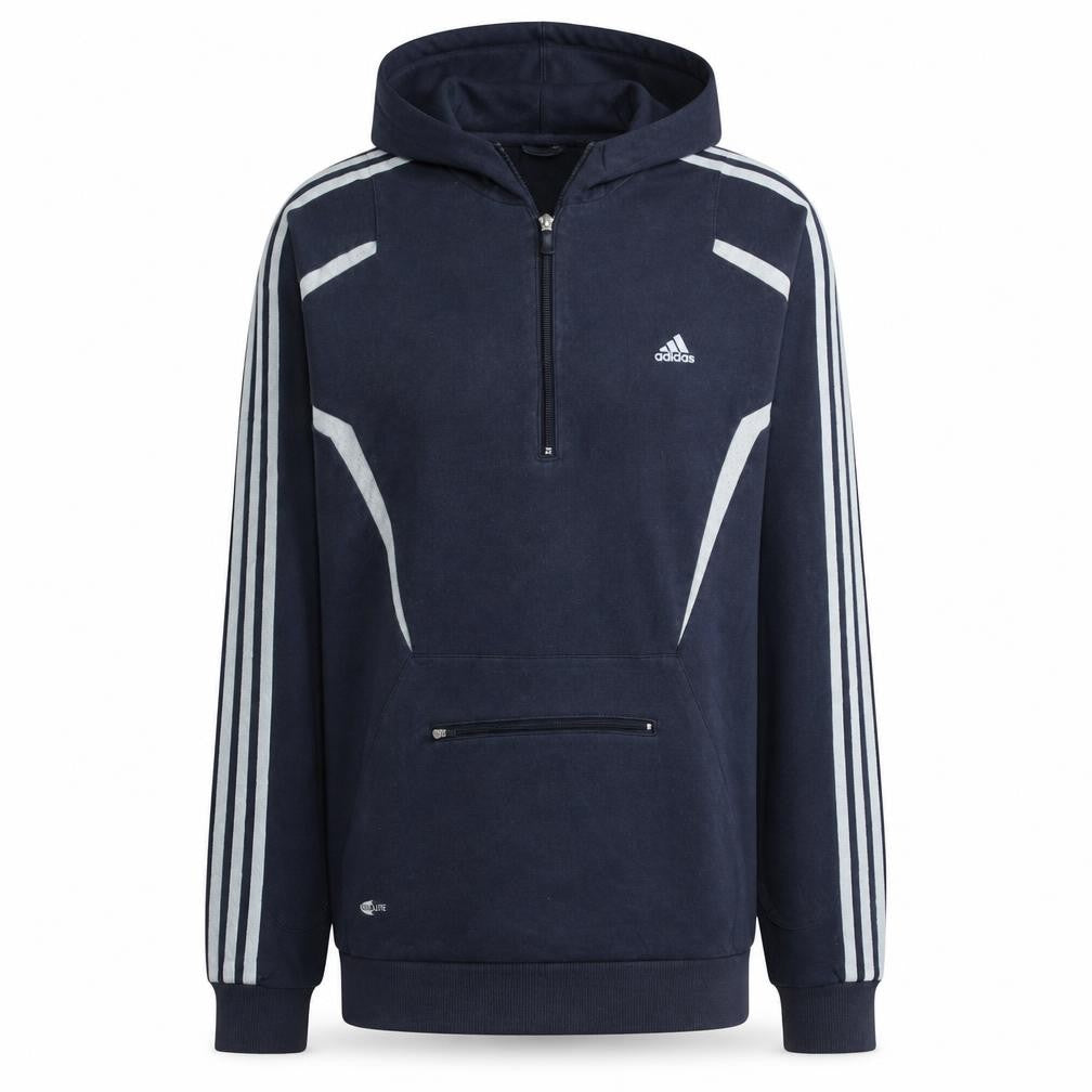 Front view of Adidas men’s blue 1/2 zip hooded sweatshirt l sportswear hoodie
