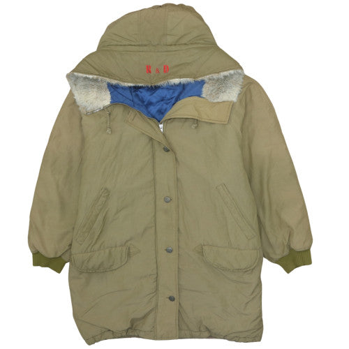 René Derhy Women’s Beige Embroidered Parka Coat Size L Hooded Winter