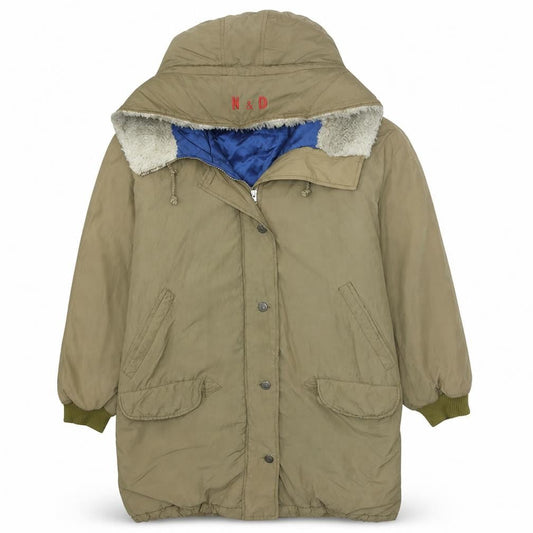René Derhy Women’s Beige Embroidered Parka Coat Size L Hooded Winter