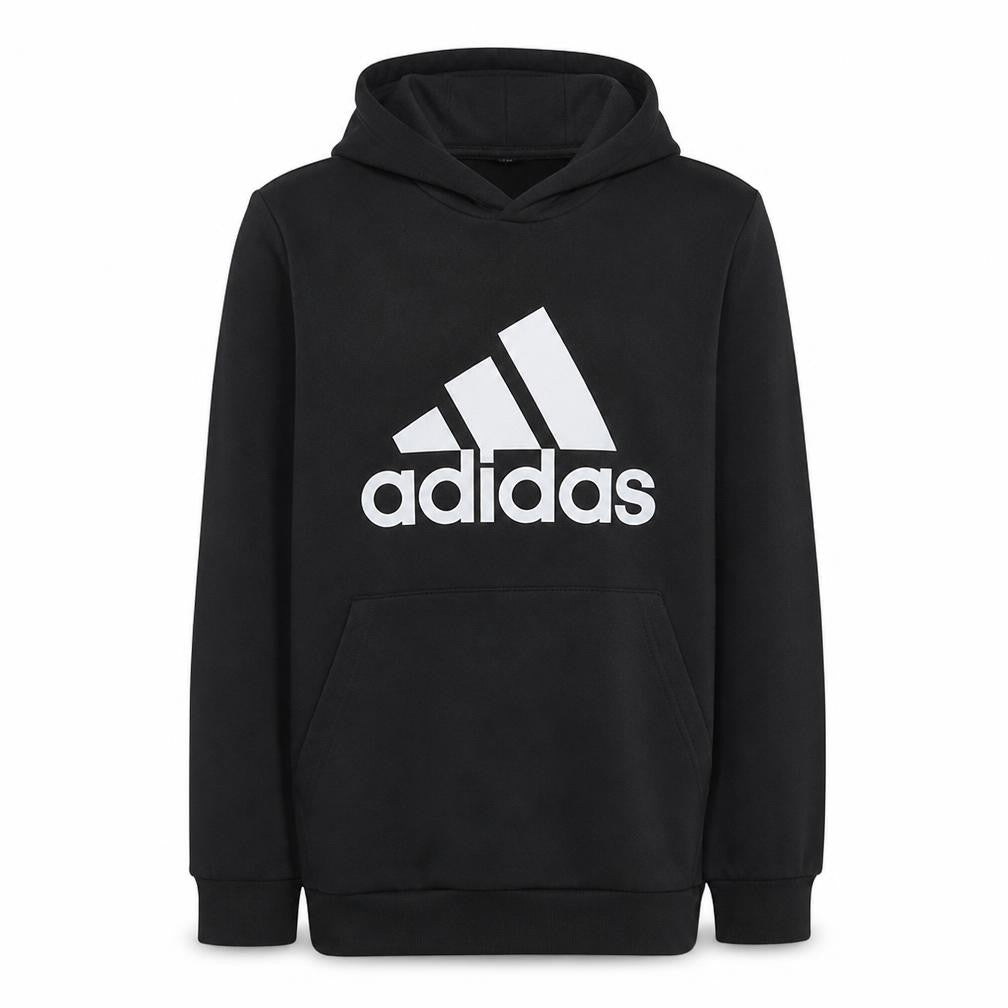 Front view of Adidas boys’ black pullover hoodie, size 13-14, years classic logo cotton blend