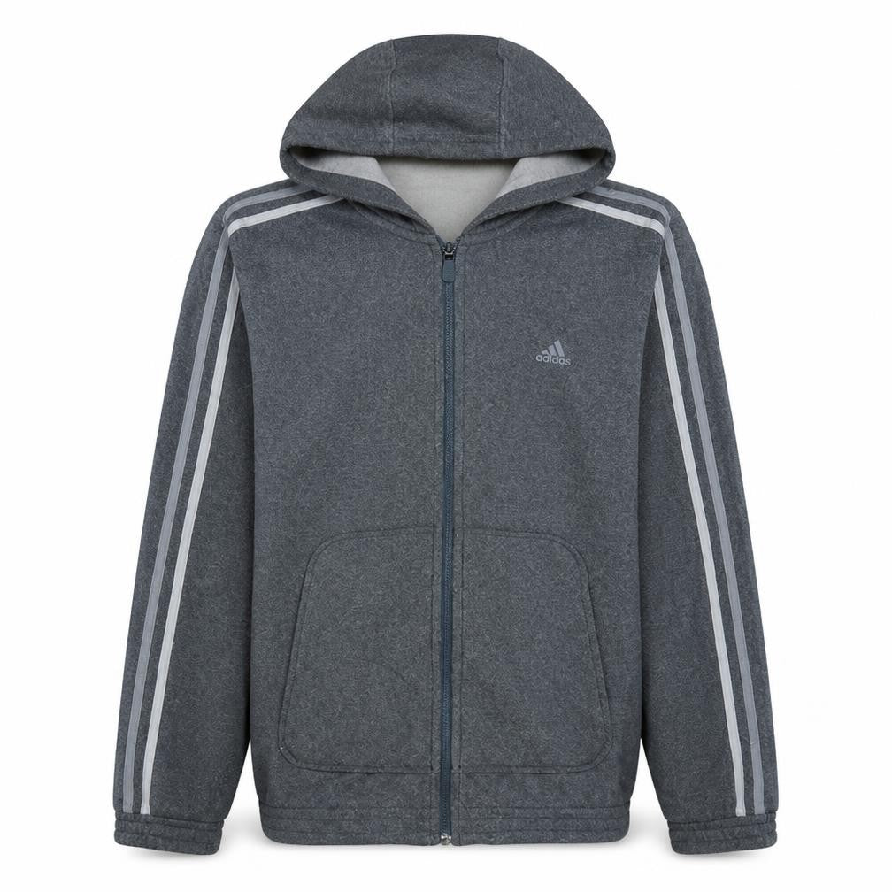 Front view of adidas Men's Grey Full Zip Fleece Hoodie, size M, Sportswear