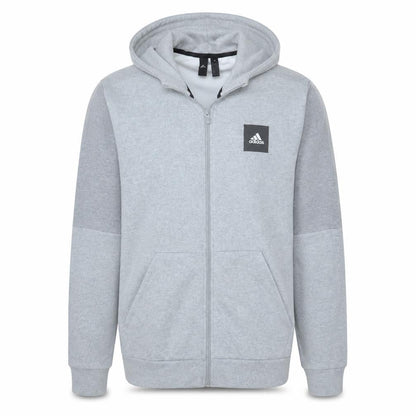 Front view of Adidas Men’s Grey Full Zip Hoodie, size L, Regular Fit Sportswear