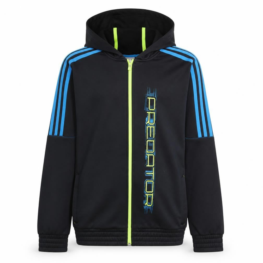 Front view of Adidas boys’ black predator full zip hoodie 15-16 years