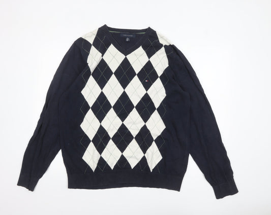 Tommy Hilfiger Men's Blue Argyle V-Neck Cotton Jumper XL