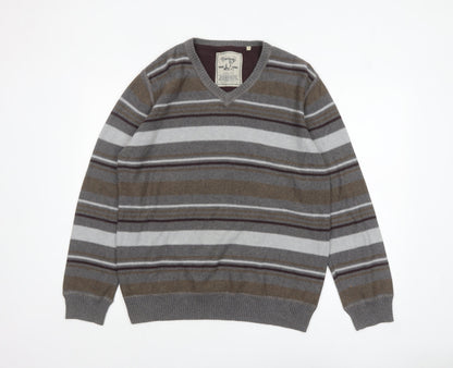 Mantaray Men's Grey Striped Cotton V-Neck Jumper Size L