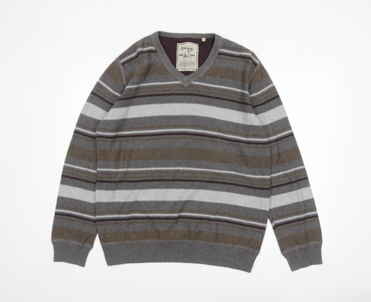 Mantaray Men's Grey Striped Cotton V-Neck Jumper Size L