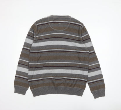 Mantaray Men's Grey Striped Cotton V-Neck Jumper Size L