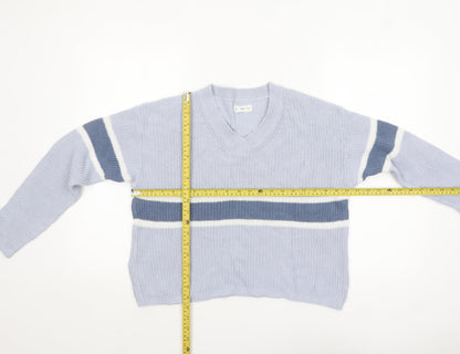 MNG Women Blue Striped V-Neck Cotton Knit Jumper Size M